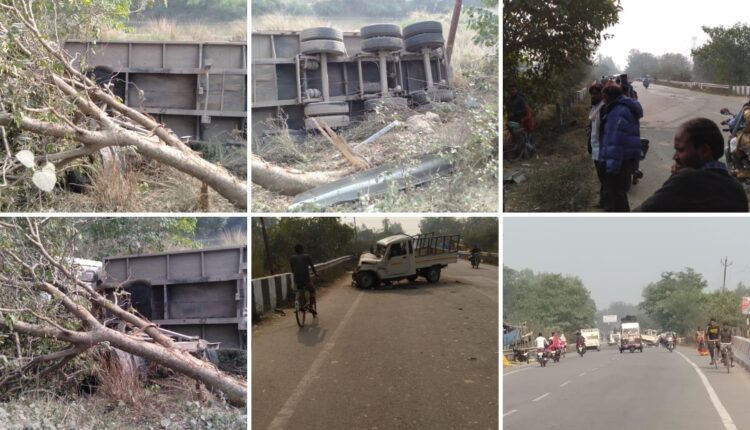 Uncontrolled truck and pickup collision near medical college, truck overturns in trench