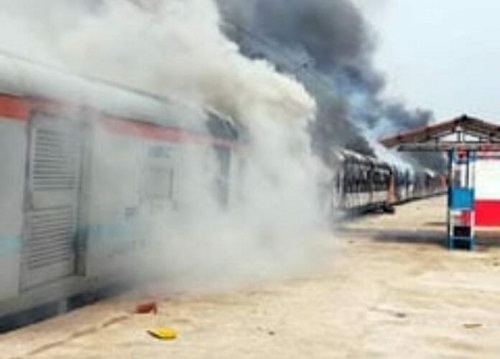 A bogie burnt due to fire in a passenger train standing at the station