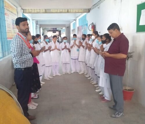 Prayer starts the day at Saroja Sitaram Sadar Hospital