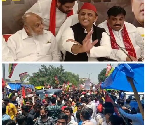 People welcomed Akhilesh Yadav with flower garlands at various places.
