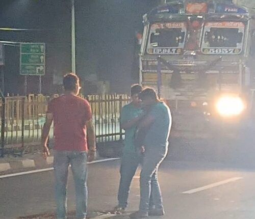 Dog jumped from scooty on the middle of the road crushed by truck died on the spot