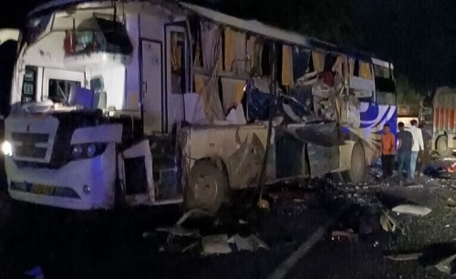 Late night a speeding bus rammed into a standing dumper three people died in the accident