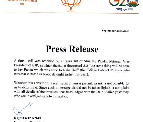 BJP national vice-president Baijayant Jay Panda receives death threat