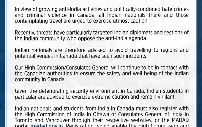Ministry of External Affairs issued advisory for Indian citizens living in Canada