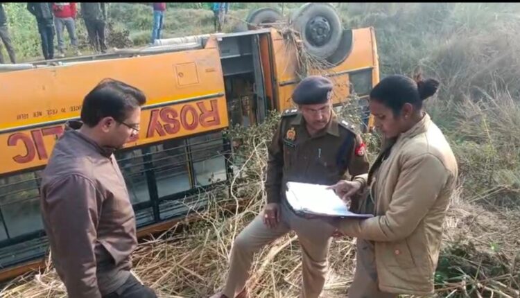School bus went out of control and overturned. 37 children were on board, two were injured.